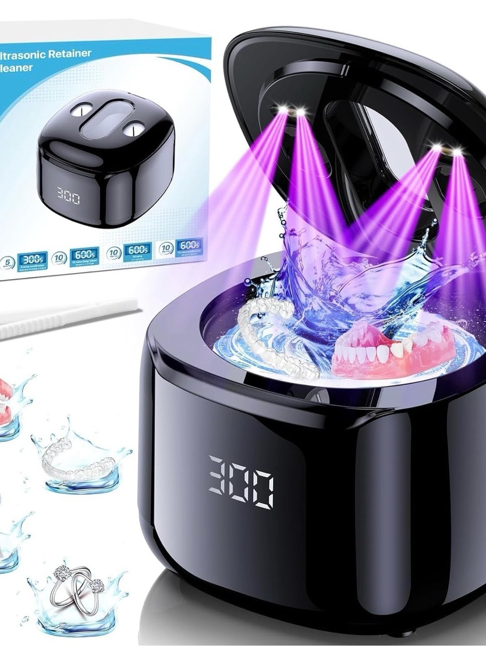 Black Ultrasonic Denture & Retainer Cleaner with UV Sanitizer